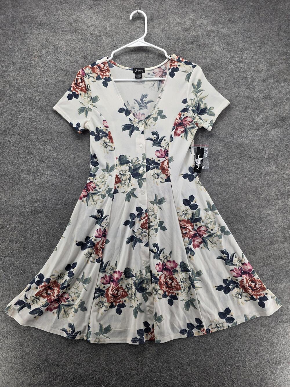 Justify Dress Womens Medium White Floral Button Front Skater Tie Waist Casual